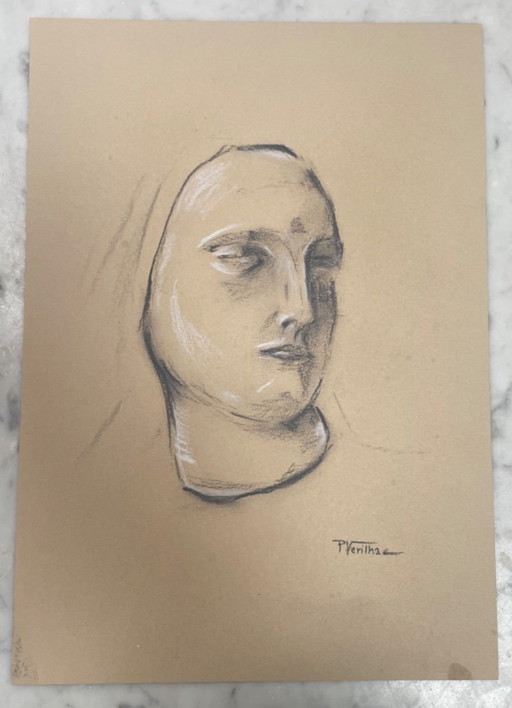 Tableau signé fusain étude au dessin visage femme pour plâtre d’atelier 