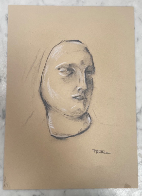 Image 1 of Signed painting charcoal drawing study female face for plaster studio