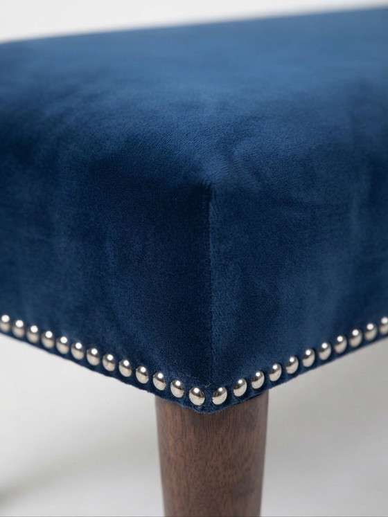 Mid-Century Hungarian Bench in Blue Velvet with Nailhead Trim – Benches, Wood, Mid Century Modern (photo 2 of 6)
