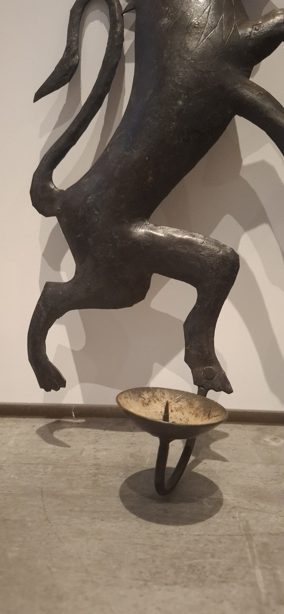 Image 1 of Set of 2 Rare Antique Wrought Iron Wall Sconces - Exclusive Antique Lions