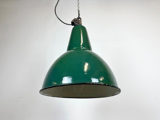 Image 1 of Industrial Green Enamel Factory Lamp with Cast Iron Top, 1960s