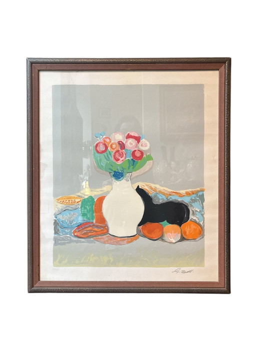 Lithograph of Still Life with Vase of Flowers by Giuseppe Cesetti, 1960s – schilderijen tekeningen, Paper