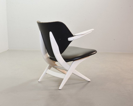 Image 1 of Louis van Teeffelen Dutch Design Pelican Arm Chair for Webe in Solid White Painted Teakwood and Black Leatherette. 