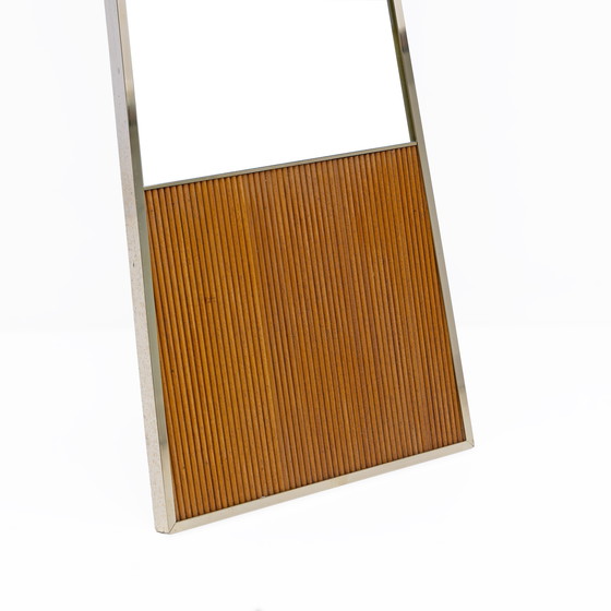 Image 1 of Mid Century Moderne Messing en Houten Vloerspiegel, Italië, 1970
