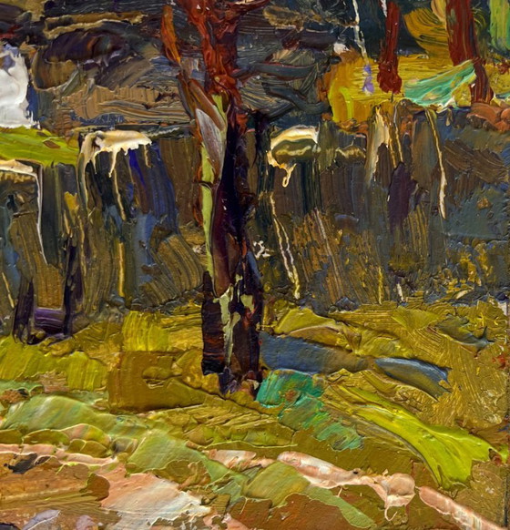 Image 1 of Original Oil Painting Autumn Forest Landscape Houses near the forest