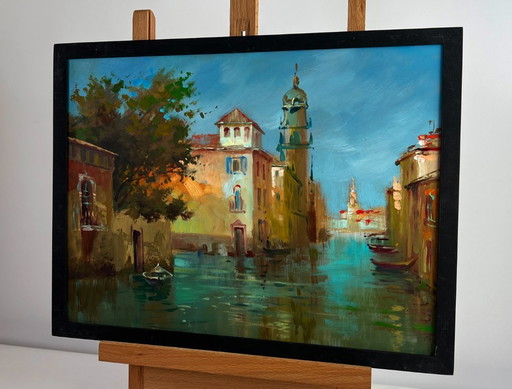 Original Oil Painting River Street Landscape Water channels of the city walls