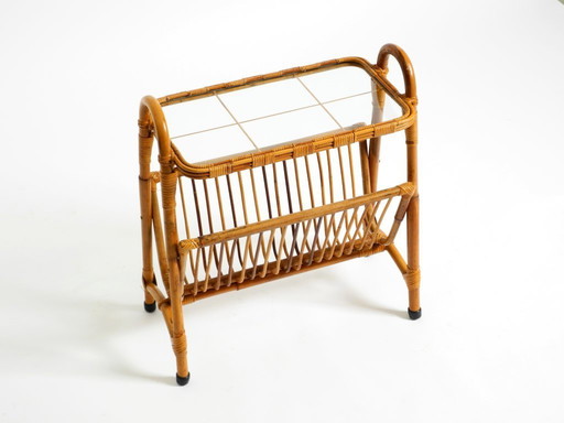 Beautiful Italian 1660s small bamboo side table with glass top and magazine rack