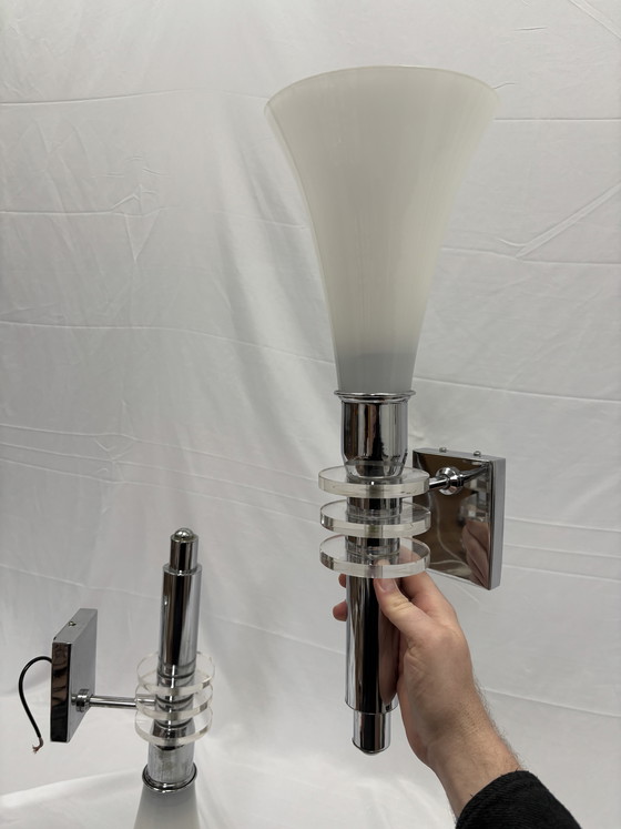 Image 1 of Set van 2 Vintage Art Deco Wandlampen Chroom & Glas Jaren 80