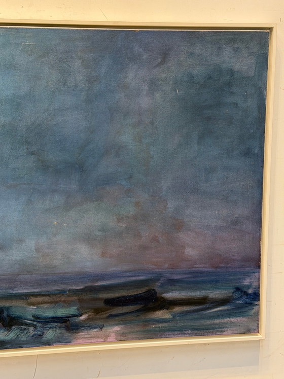 Vintage zeegezichtschilderij van Klein – Maanverlichte oceaan – jaren 1980 – Ingelijst (photo 5 of 5)