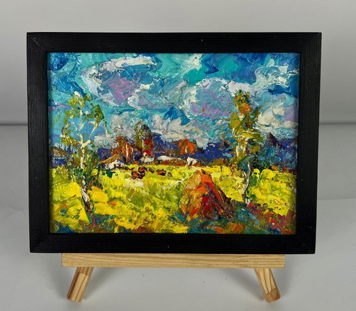 Original Oil Painting Nature Landscape Pasture Early Autumn has Arrived