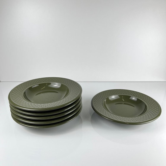 Image 1 of Set of 6 Genevieve Lethu soup plates, "Grain de riz" model, green