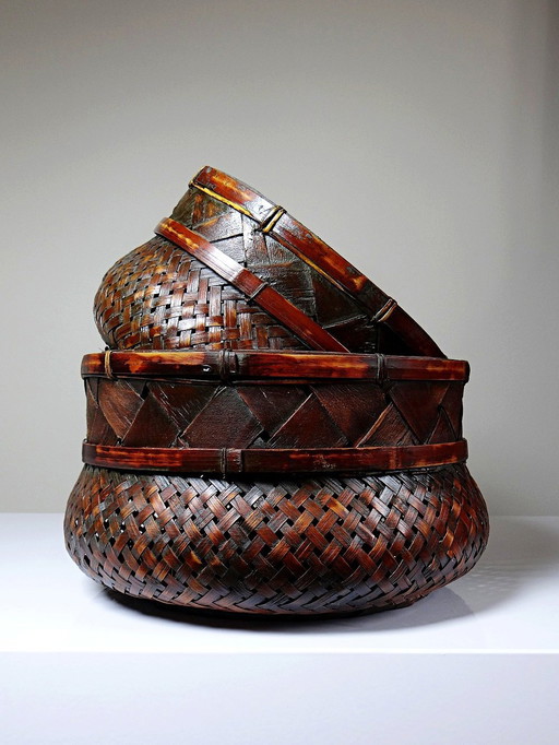 Duo of vintage Japanese woven bamboo baskets for nesting