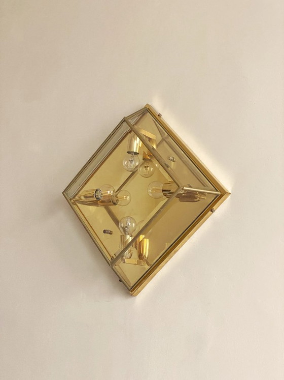 Plafoniera quadrata in ottone dorato e vetro, Plafoniere, Vintage (foto 2 di 5)