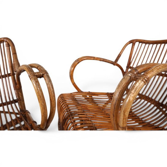 Image 1 of Frans paar vintage loungestoelen van rotan en bamboe, 1960