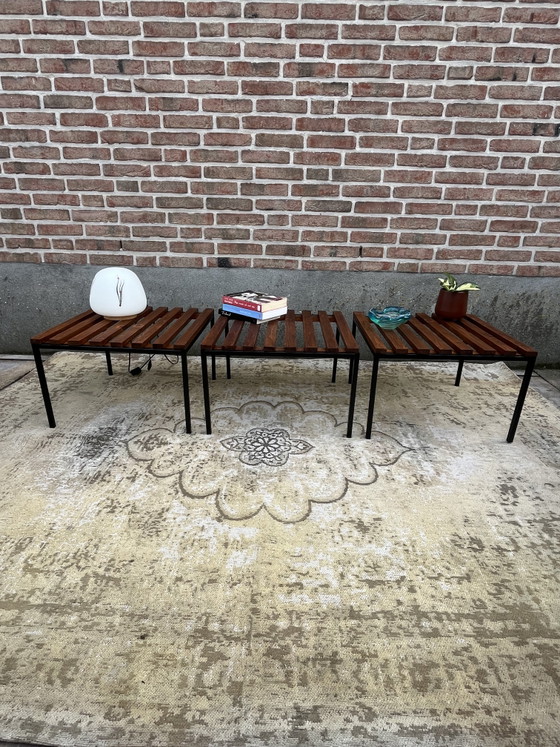 Unique set of three vintage mid-century MCM slat benches – Side tables, Wood, Metal (photo 10 of 11)