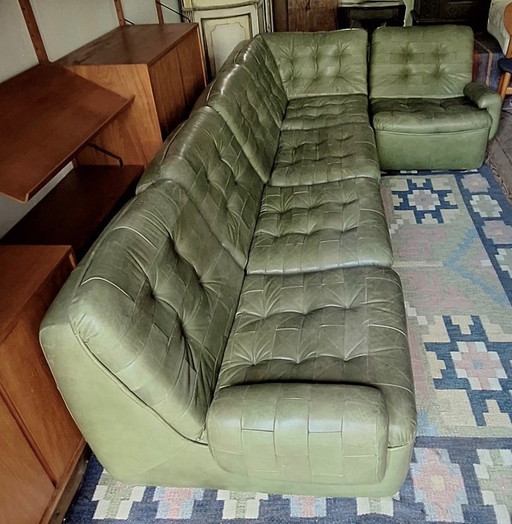 Modulares Patchwork-Sofa-Set aus olivgrünem patiniertem Leder von Laauser 1970s