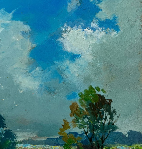 Image 1 of Origineel olieverfschilderij: Zomerlandschap in de natuur, de warme adem van het veld.