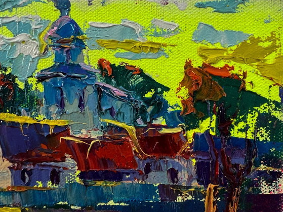 Original Oil Painting Rural Church Landscape The Sun Greets In The Morning – Paintings & Drawings, Canvas (photo 4 of 8)