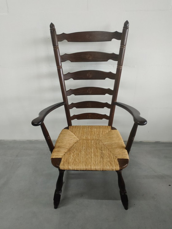 Image 1 of Poltrona da camino in legno vintage con seduta in vimini