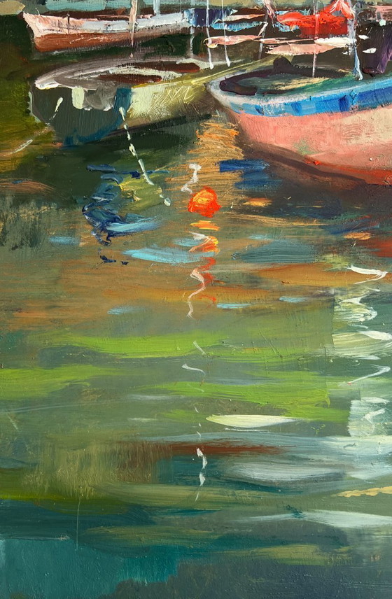 Image 1 of Original Oil Painting Evening City Landscape Venice port with sunset