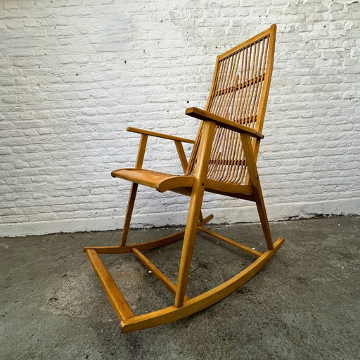 Hellerau Vintage Design Rocking Chair in Rattan and Wood