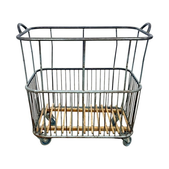 Image 1 of Vintage French metal baker's cart – industrial bread trolley – laundry basket