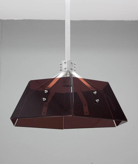 Image 1 of Lampe suspendue en plexiglas brun et aluminium