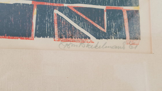 Image 1 of La société Kleurrijk Industriële Vormgeving Houtdruk Gesigneerd 1961 'Meeuwen' (en anglais)