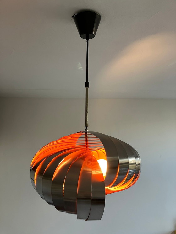 Image 1 of Stunning 1970s Space Age Spiral Pendant Lamp | Brushed Aluminum & Sunset Orange