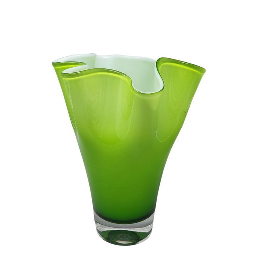 1960s Astonishing Green Vase "Fazzoletto" By Ca' Dei Vetrai in Murano Glass. Made in Italy