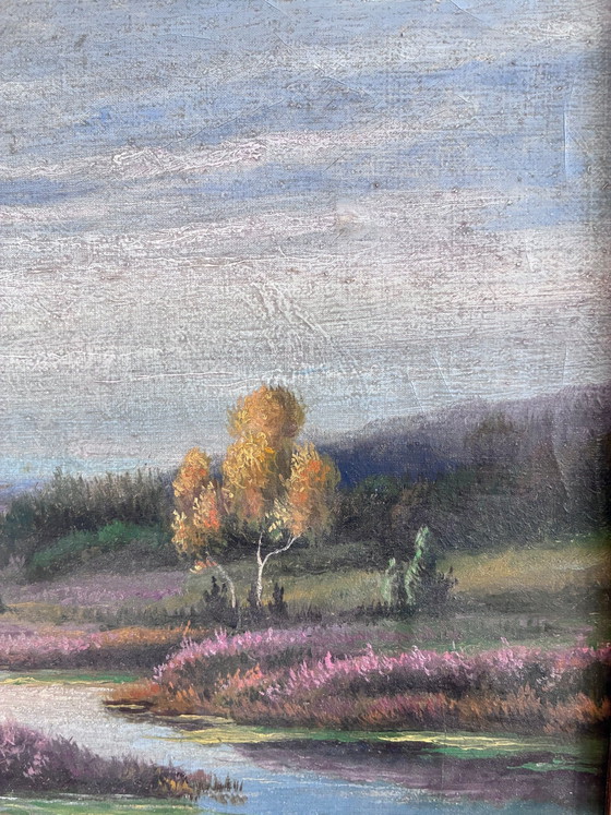 Image 1 of Peinture à l'huile originale vintage représentant un paysage de rivière