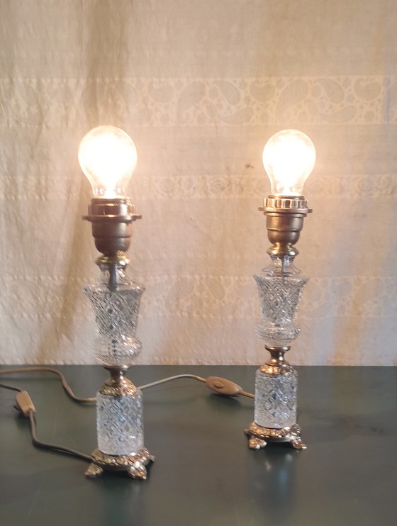Image 1 of Pieds de lampe à poser en verre et métal doré - mid. XXeme