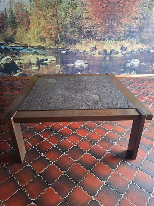 1970s Brutalist Coffee Table With 2 Real Ammonite Fossils – Solid Oak – salontafels, Stone, Wood