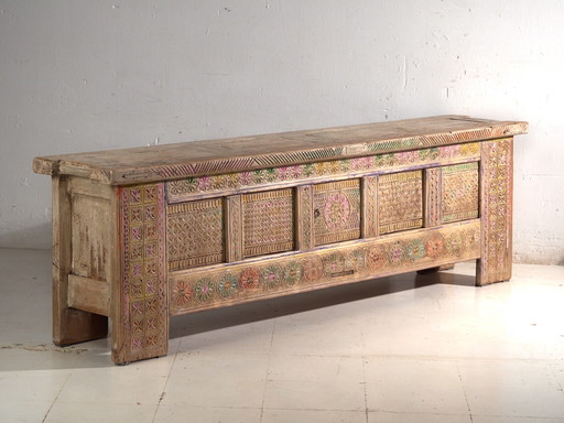 Antique carved polychrome low sideboard in pine – Xinjiang, circa 1900