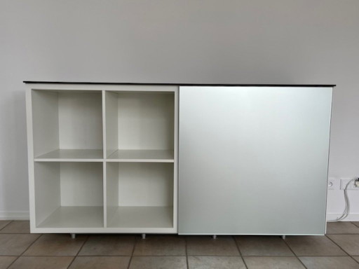 Molteni Systeem Pass hoge kast in kalkwit met schuifdeur in zilverglans glas en bovenblad in Wengé – Molteni&C, kasten, Other