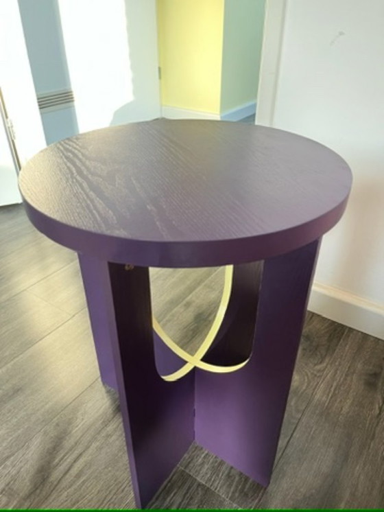 Image 1 of Unique upcycled design side table – Japandi with a funky twist, purple & butter yellow