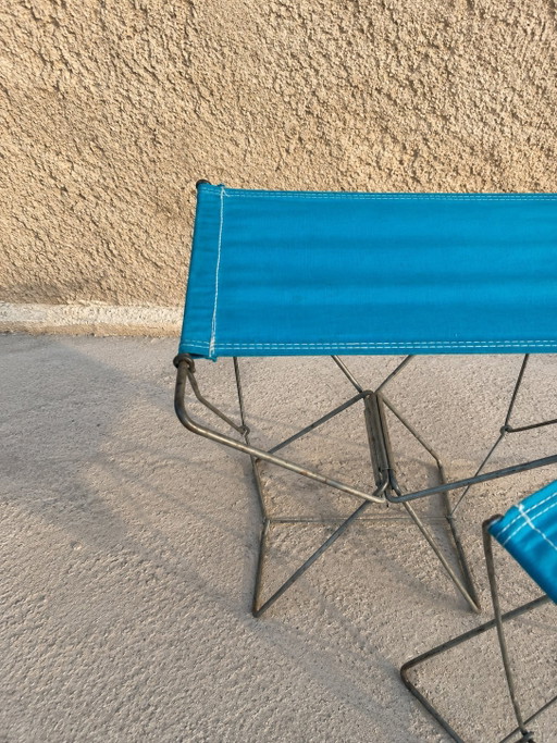 Set van 2 vintage inklapbare krukjes – turquoise canvas – jaren ’60/’70