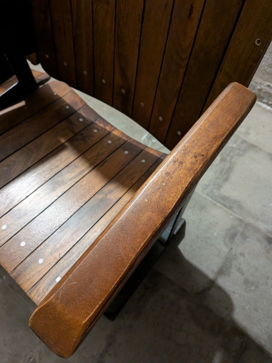 Image 1 of Banquette Vintage Chaise Double / Pair Of Wooden Joined & Fixed Theatre / Cinema Seats On Black Metal Frame