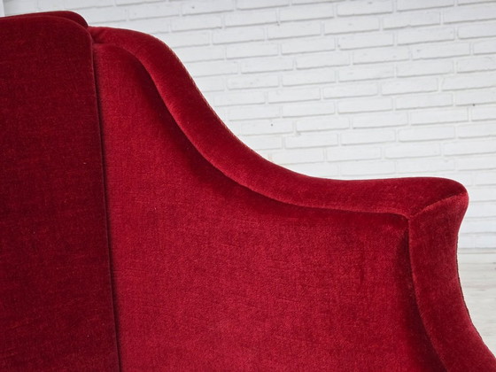 1970s, Danish 2-Seater Sofa, Red Furniture Velour, Ash Wood Legs. – 2 seaters, Velvet (photo 15 of 20)