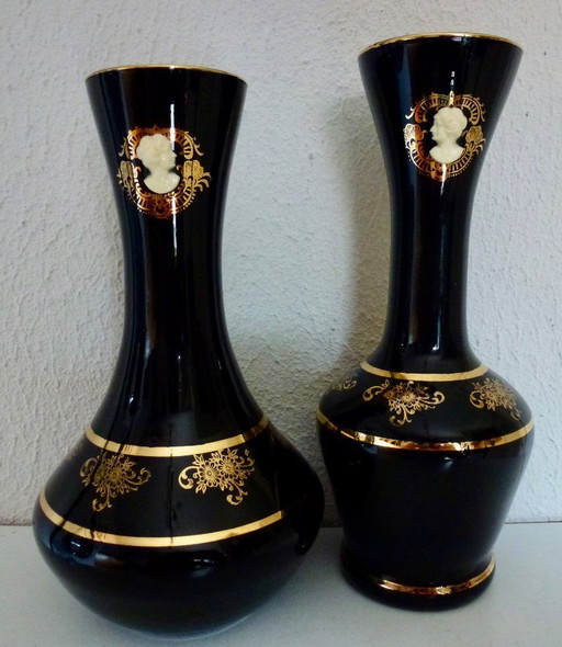 Original Tuscan Vintage black opaline vases with gold leaf and cameo, Italian.