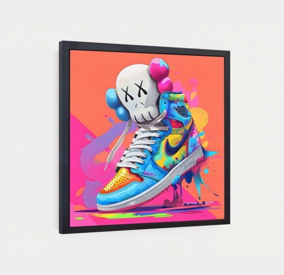 Image 1 of Thirteen: "Nike Jordan by Kaws." Hand-signed, edition 6/10. Glicee on canvas. Includes frame and hanging system. Limited edition