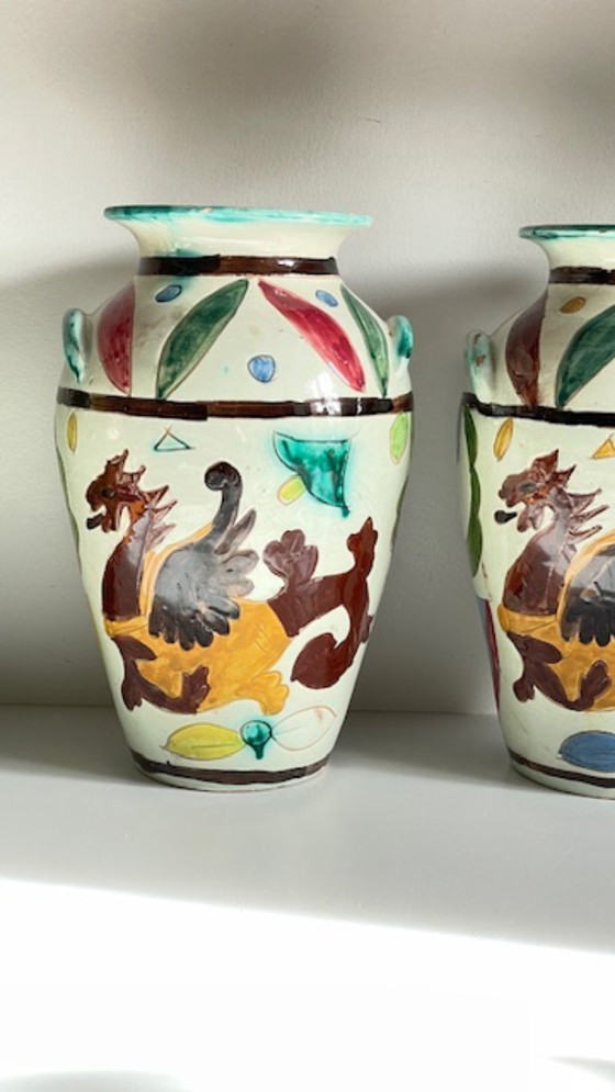 Image 1 of Italian Majolica Vases with Dragon Motif