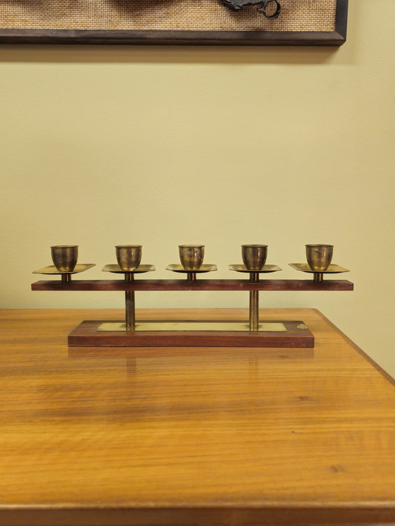 Image 1 of Vintage Teakhouten Kandelaar Kaarsenhouder Messing 