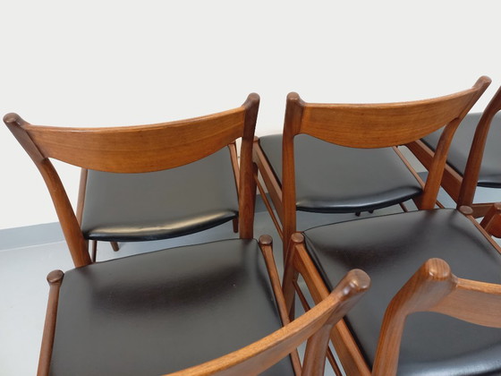 Image 1 of Set of 6 vintage Danish Scandinavian chairs by Aerthoj Jensen & Molholm in teak and skai from the 1960s
