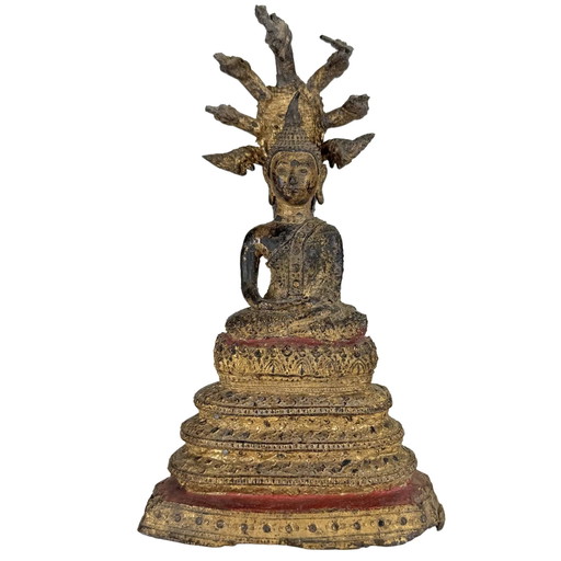 Antiek Verguld Thais Naga Boeddhabeeld – Muchalinda Bescherming – 19 cm