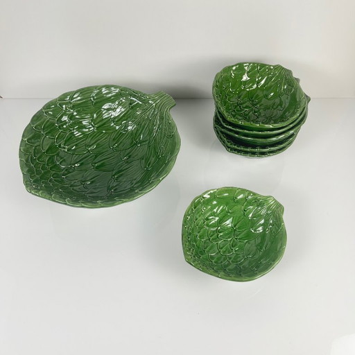 Juego de ensalada vintage de hojas de alcachofa verde con ensaladera + 6 cuencos, década de 1970.