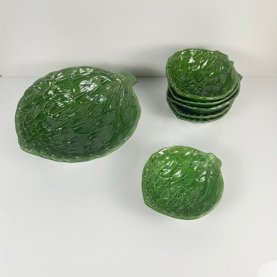 Image 1 of Vintage saladeset van groene artisjokbladeren met saladekom + 6 schalen, jaren 70