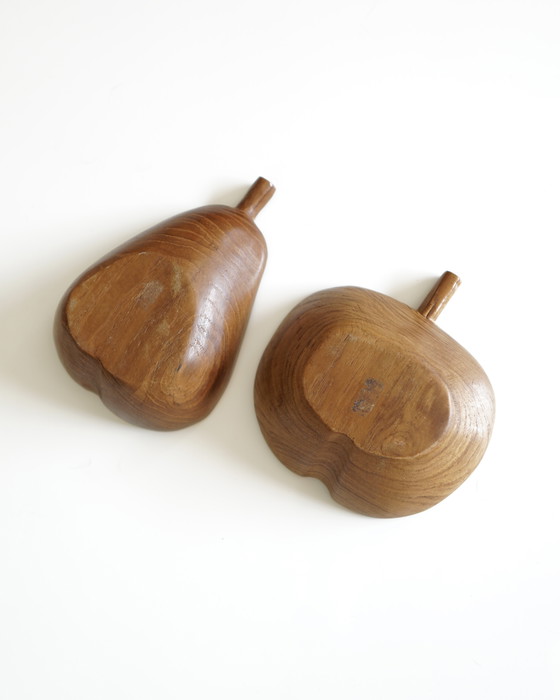 Image 1 of Set of 2 Apple and Pear Wooden Bowls - Handmade Midcentury Vintage - 1970s