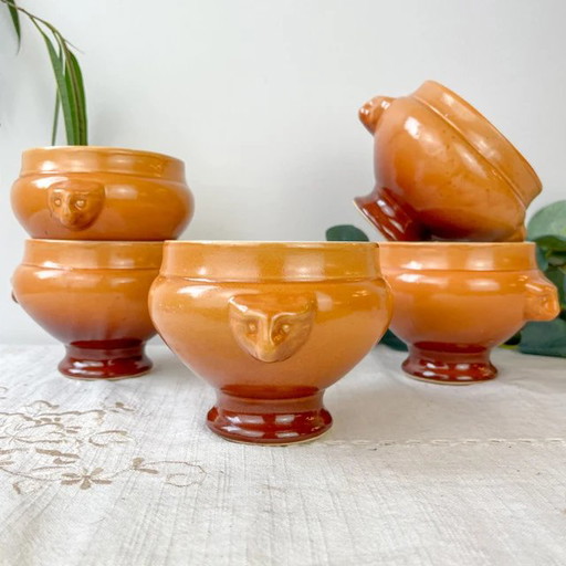 5 Bols à Soupe à l'Oignon Vintage Emile Henry Céramique Tête de Lion - Dégradé Miel/Brun, France - Élégance Trad.