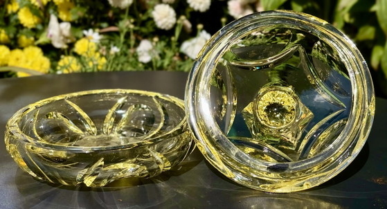 Boîte à couvercle en cristal Art Déco lourde, ambre – bonbonnière vintage – Objets déco, Crystal (photo 5 of 6)